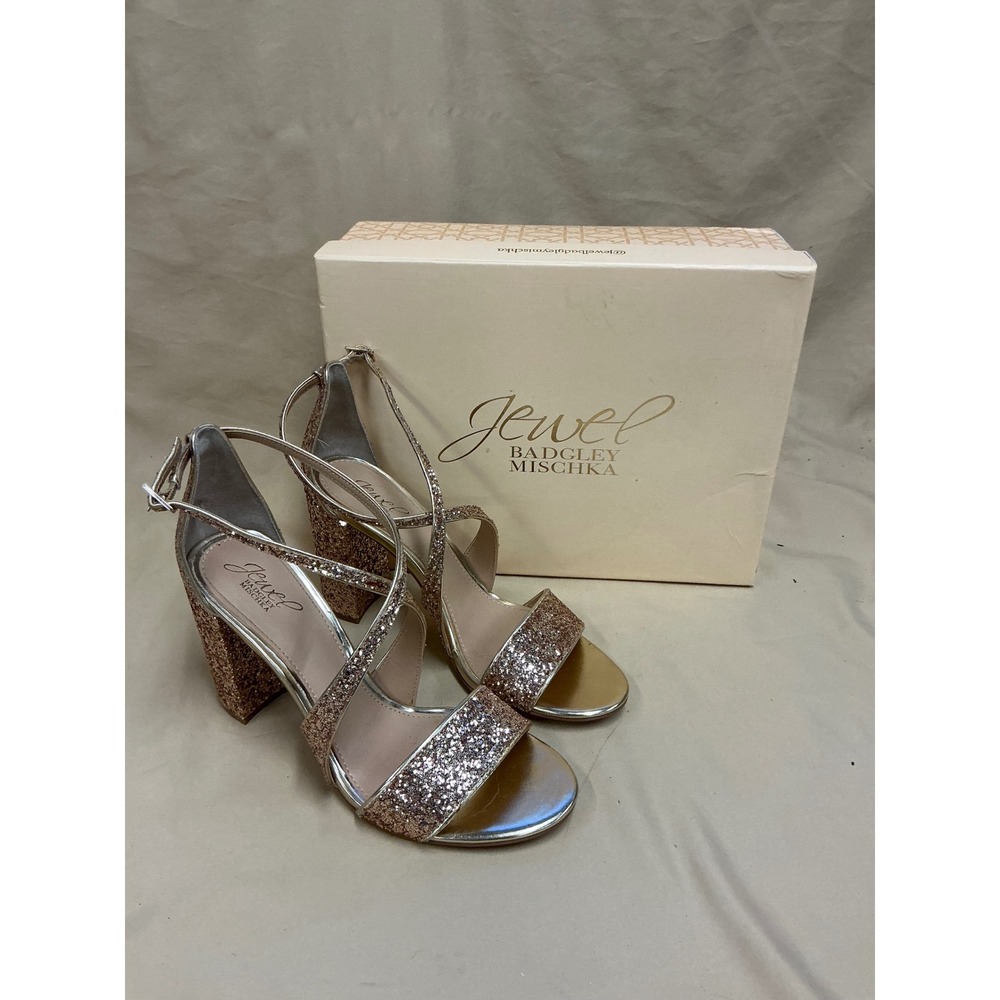 Jewel Badgley Mischka Rose Gold Glitter Block Heel Sandals Evening Shoes Size 10